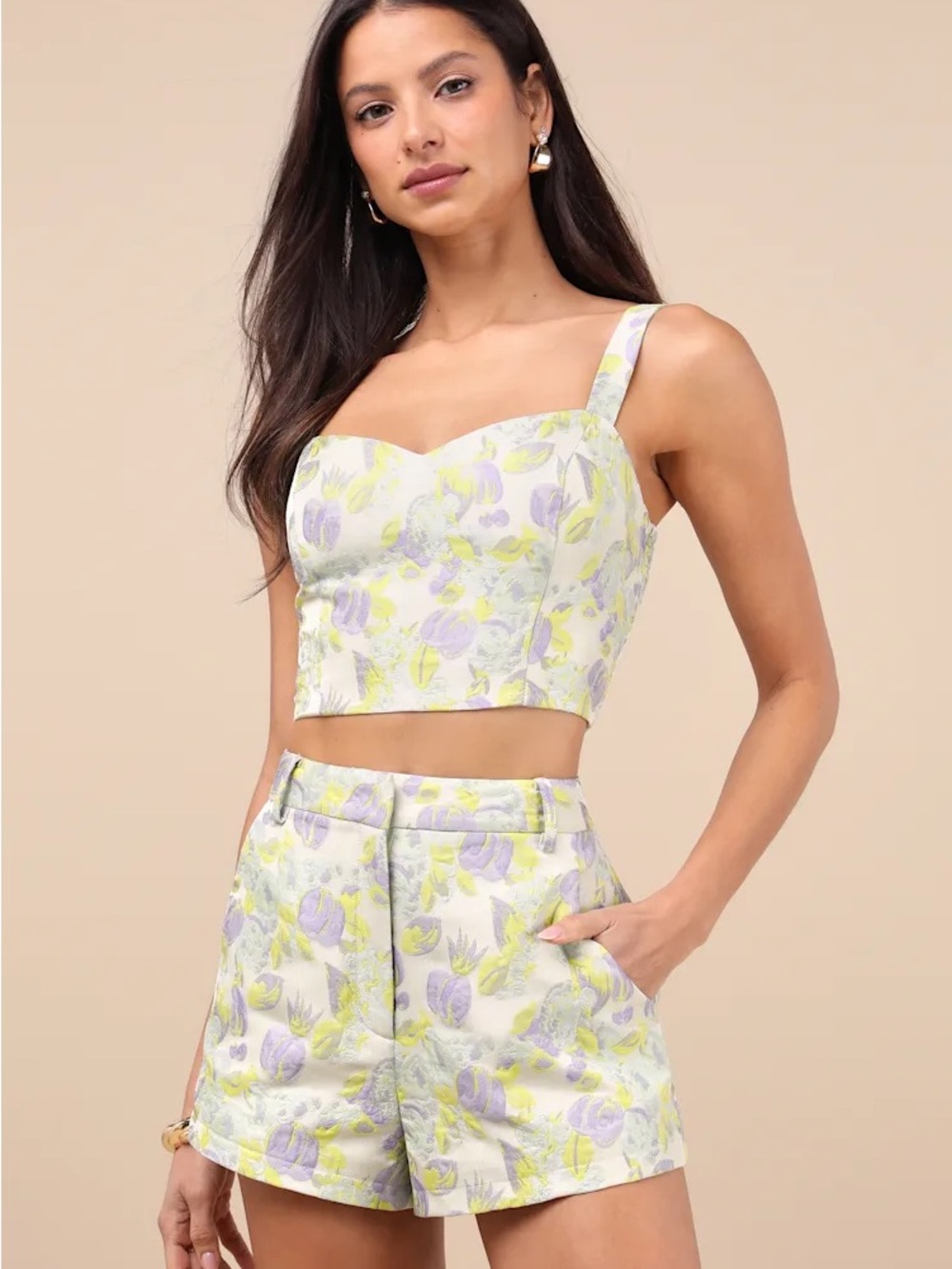 Floral Sweetheart Crop Tank Top + Matching Jacquard Shorts Set- XS